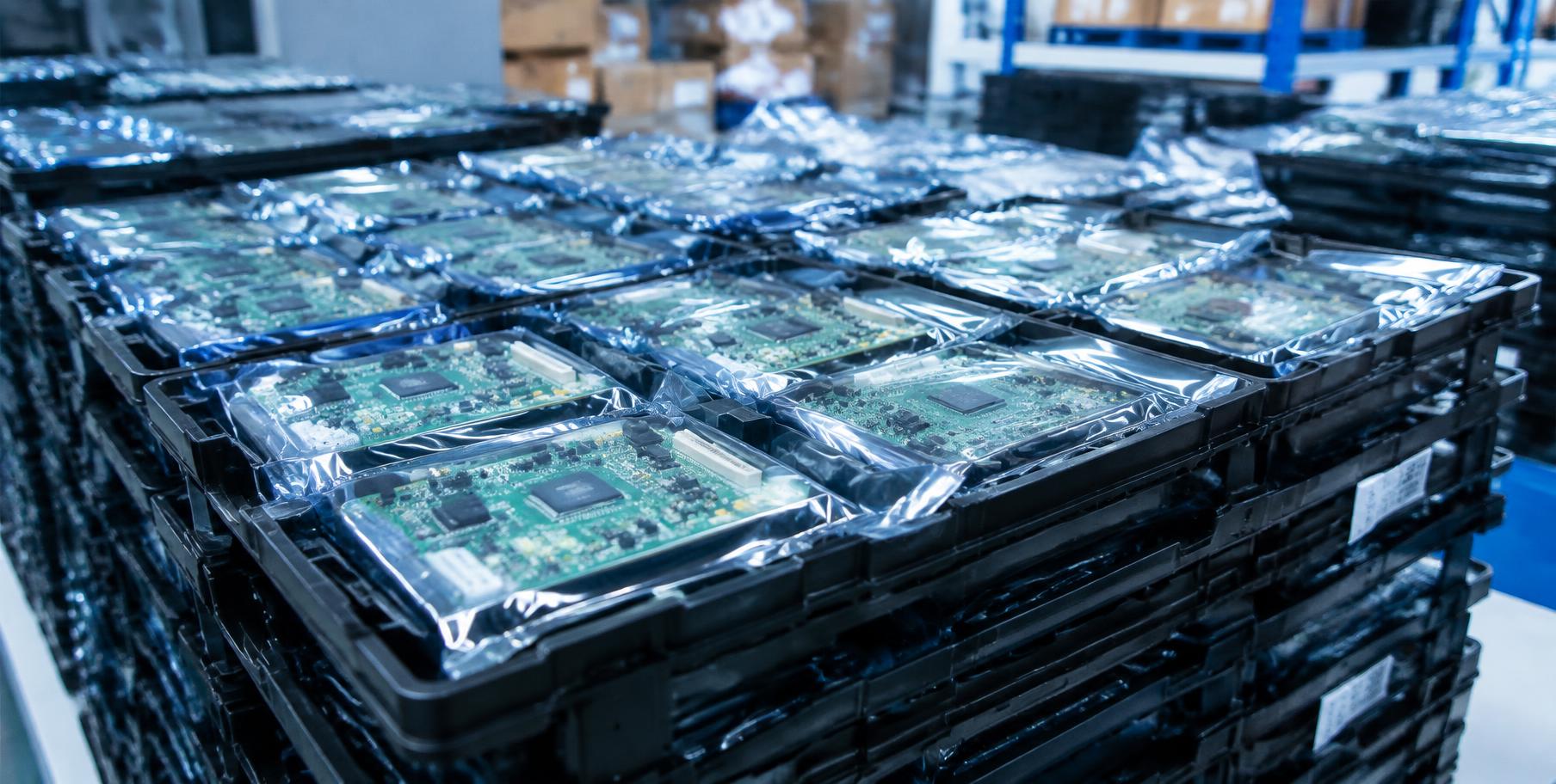 Assembled circuit boards packed in anti-static trays